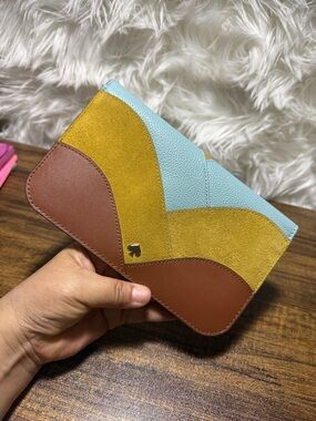 kate spade Colorblock Leather & Suede Wallet in Light Blue, Mustard & Brown